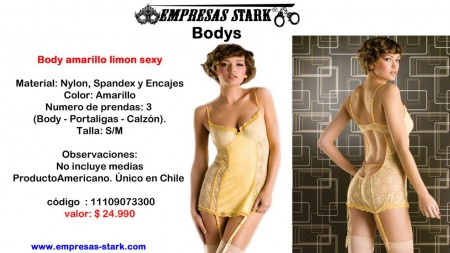 Material: Nylon, Spandex y Encajes Color: Amarillo Numero de prendas: 3 (Body - Portaligas - Calzón). Talla: S/M Observaciones: No incluye medias código  : 11109073300 valor: $ 24.990